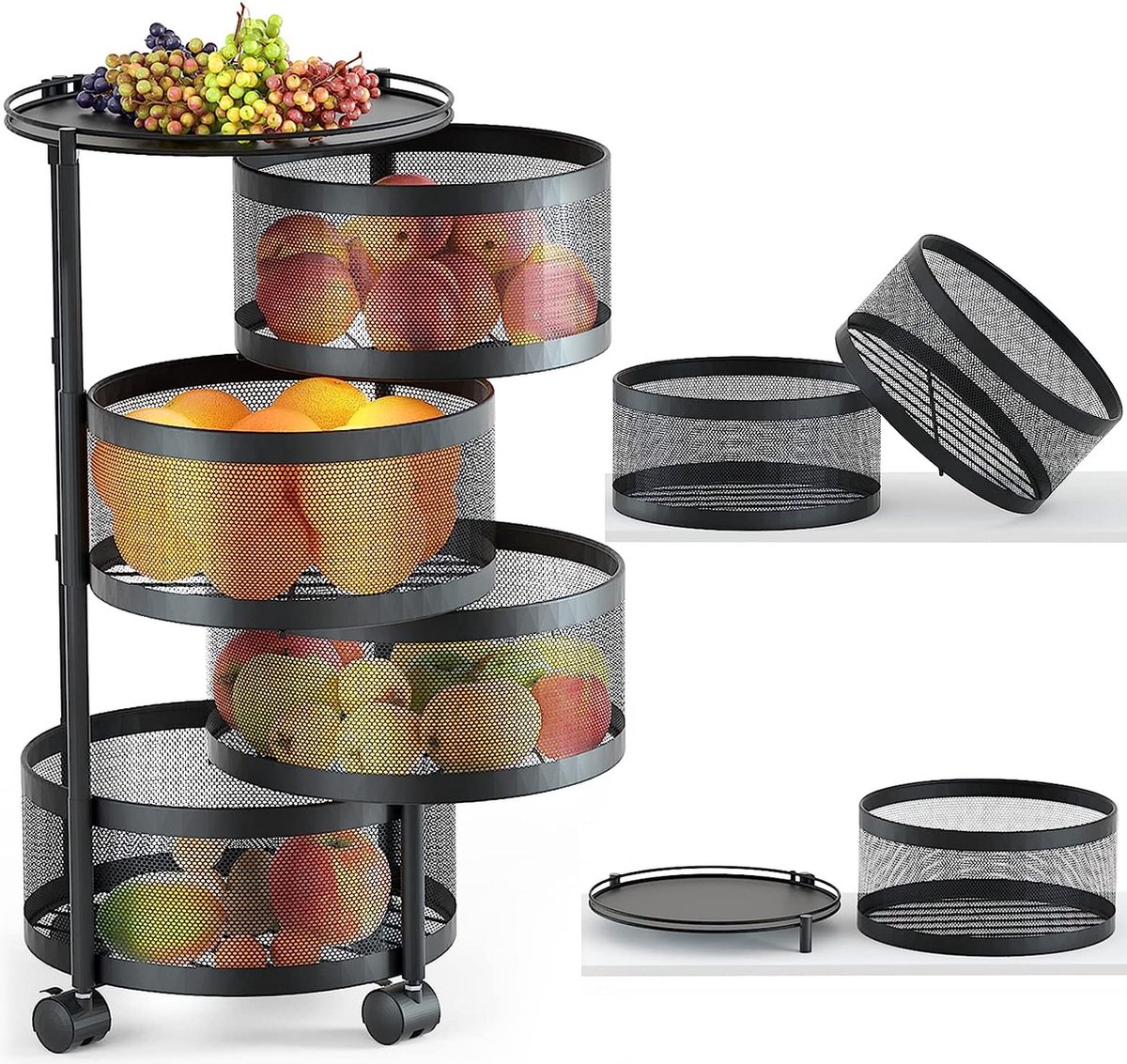 Roterend opbergrek voor keuken, 4-laags fruit- en groenteopslag voor keuken, roterend opbergrek met wielen, keukenopbergwagen, ruimtebesparend, aardappelopslag, fruitmand, zwart