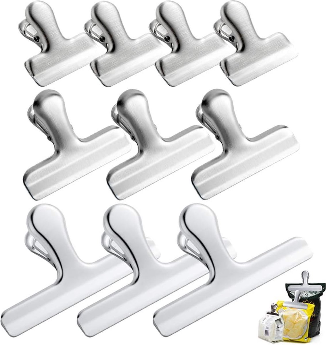 Chipzakklemmen, 10 stuks, roestvrij staal, 3 maten, 12 cm, 7,6 cm, 4 cm, zeer belastbaar, luchtdichte sluitgreep, klemmen voor levensmiddelzakken, koffie, voor kantoor, keuken,