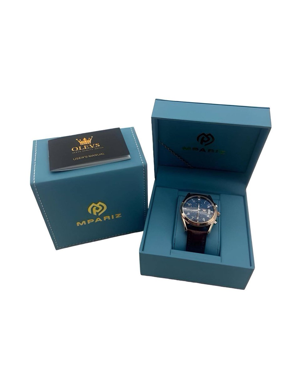 OLEVS Leren horloges voor heren, roestvrij staal, analoog kwartshorloge voor heren, klassiek zakelijk, waterdicht, oplichtend, dag, datum polshorloge voor heren, A2-blauwe wijzerplaat/bruin leren