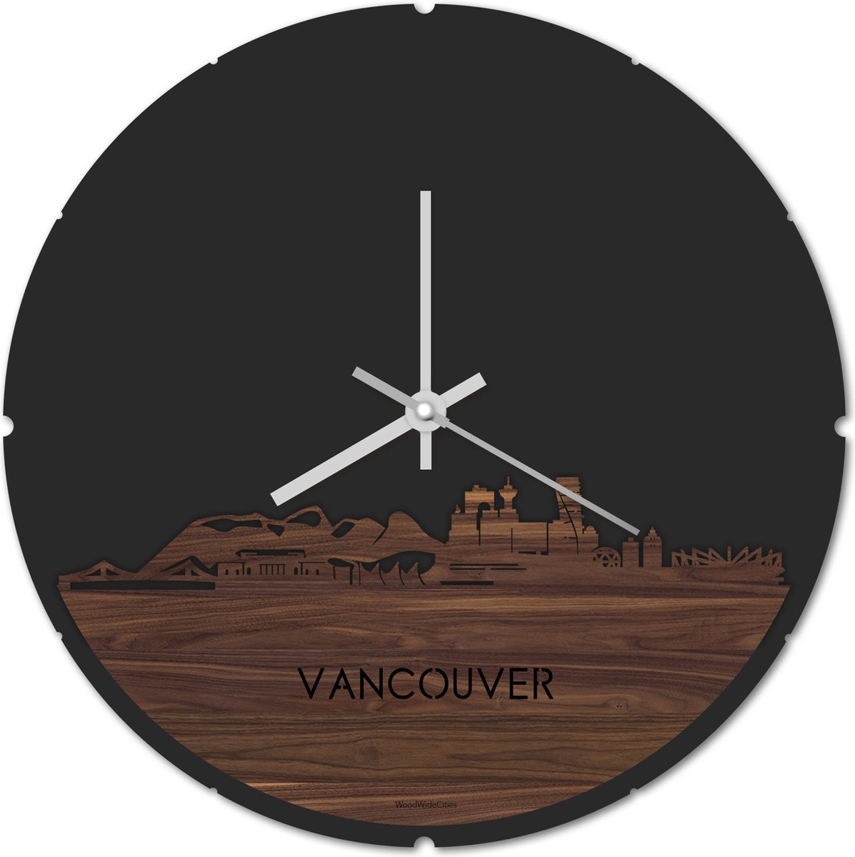 Skyline Klok Rond Vancouver Notenhout - Ø 44 cm - Stil uurwerk - Wanddecoratie - Meer steden beschikbaar - Woonkamer idee - Woondecoratie - City Art - Steden kunst - Cadeau voor hem - Cadeau voor haar - Jubileum - Trouwerij - Housewarming -