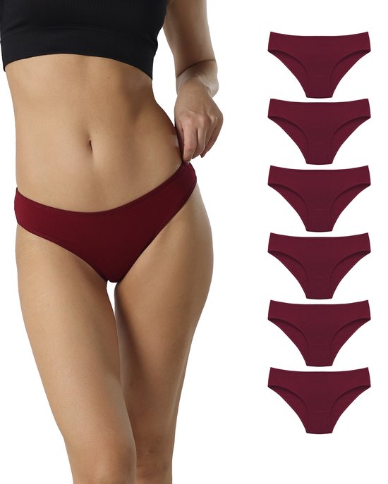 Dames Ondergoed - Katoenen ondergoed voor dames - Damesslipjes - Damesondergoed, 6-pack zachte bikinislipjes - Bordeaux- maat XL