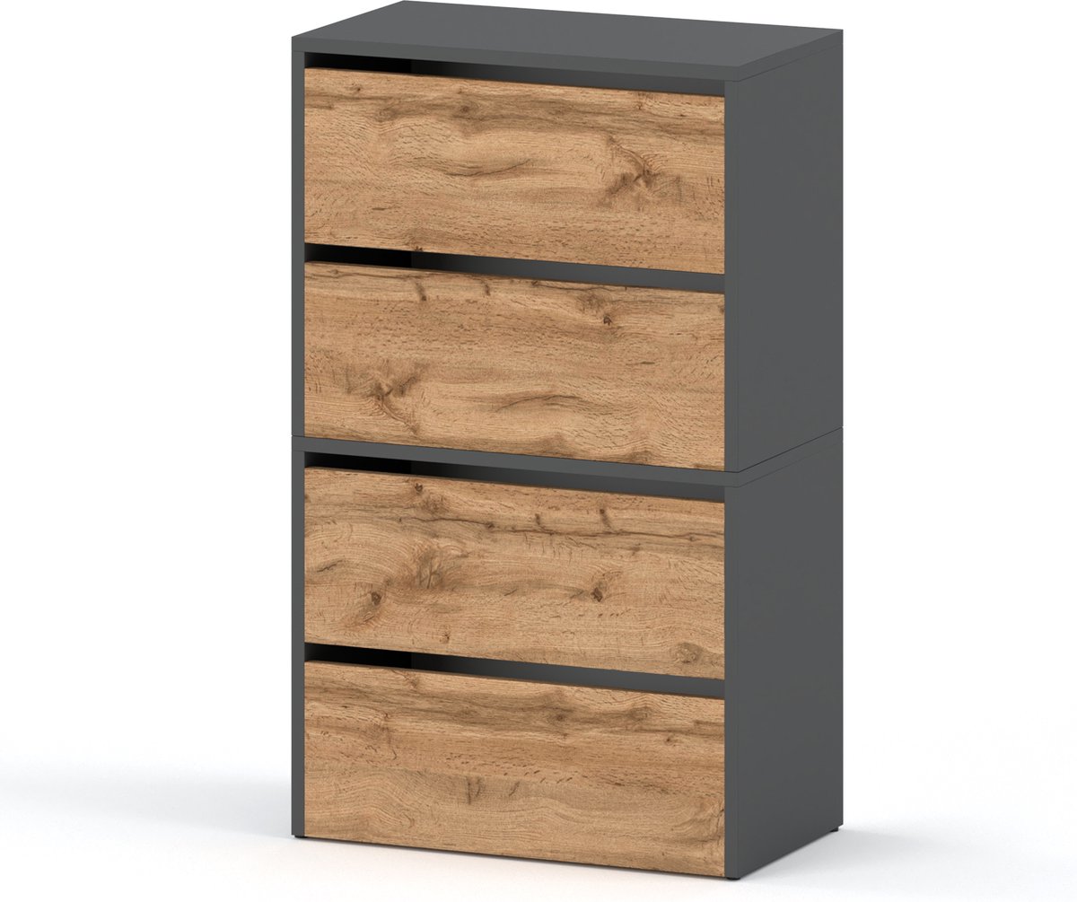 Meubel Square - Schoenenkast STEP - Set van 2 - Eiken / Grijs - Modulaire schoenenkast zonder handgrepen