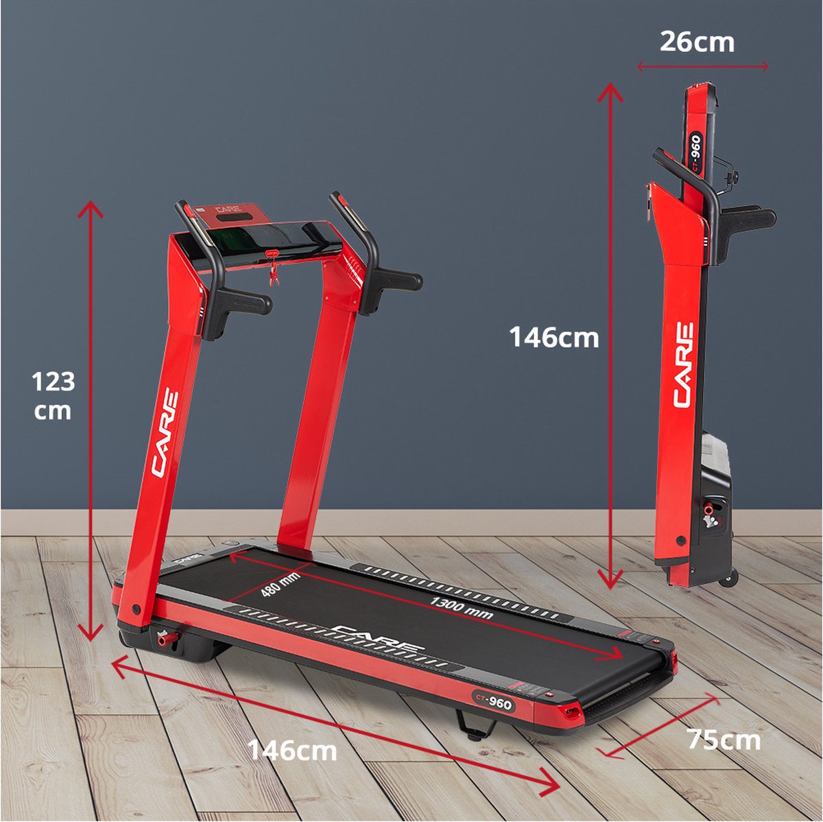CARE CT-960 - Connected loopband - Maximale snelheid 14 km/u - 8 programma’s - Opvouwbaar - Gemotoriseerde helling tot max. 9% - Voor thuisgebruik - Rood thumbnail 4