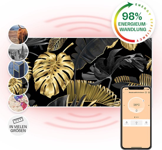 Klarstein Wonderwall Air Art Slimme Infrarood Verwarming - Warmtepaneel - 120X60 Cm - 700 W - 14 M² - Design Front - App Controle - Geruisloos - Wandmontage - Afstandsbediening - Praktisch - Thermostaat - Weektimer - Ip44 - Motief: Zwart Blad