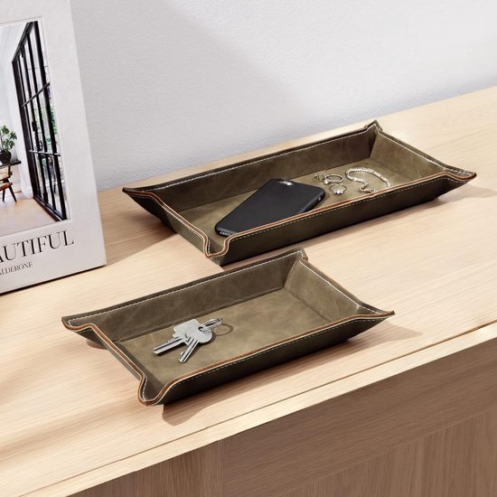 2x tray van imitatieleer - Set van 2 organizers in olijfgroen - Decoratief dienblad - Rechthoekige plateaus in kunstleer