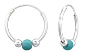 Joy|S - Zilveren Bali oorbellen - 16 mm oorringen - kraaltjes zilver en turquoise