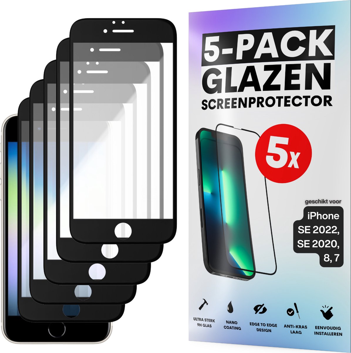 Screenprotector - Geschikt voor iPhone 7 / 8 / SE 2020 - Gehard Glas - Full Cover Tempered Glass - Case Friendly - 5 Pack