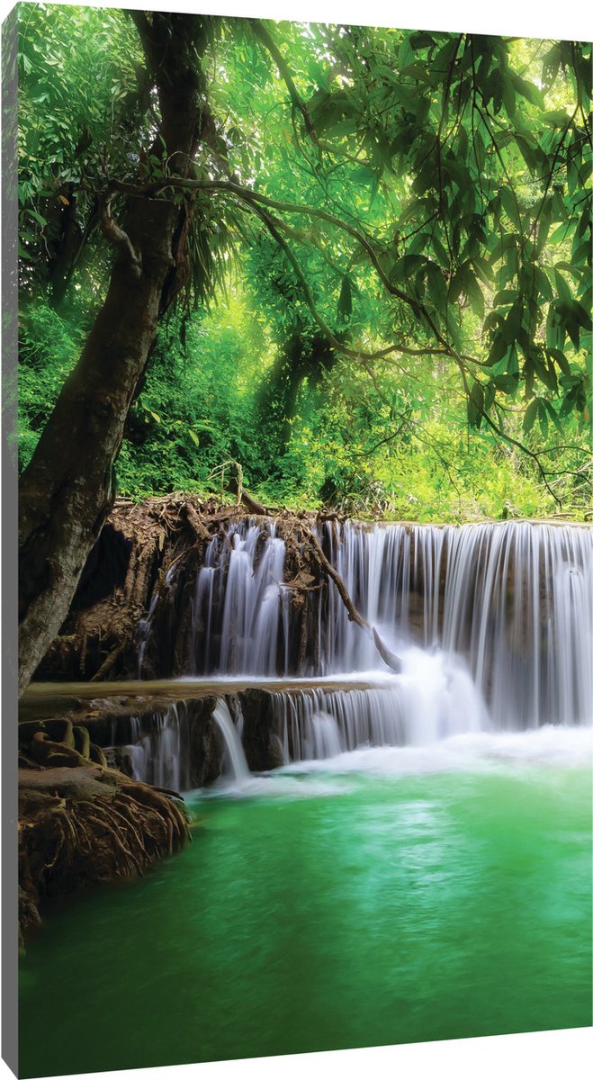 Canvas Schilderij - Magische waterval - Natuur - Jungle - Plant - Waterval - Groen - Schilderij Woonkamer - Schilderijen op canvas - Inclusief Frame - 100x75cm (LxB)