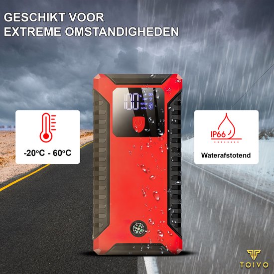 Rode jumpstarter in koude en natte omstandigheden, met temperatuurindicator (-20°C - 60°C) en IP66 waterafstotend label.