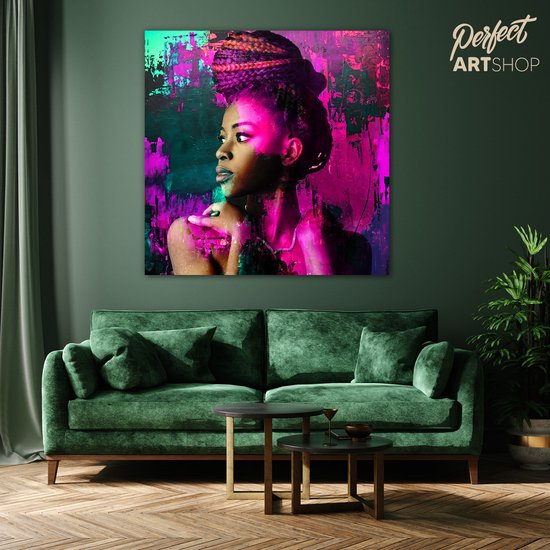 BEAUTIFUL AFRICAN WOMAN: 100x100cm Plexiglas. Decoratie - Modern - Zwart - Blauw - Groen - Roze - Vrouw - Afrika