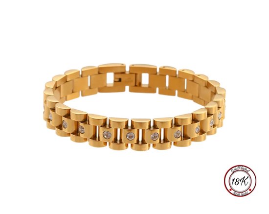 Soraro Presidente Stijl Armband | 18K Goldplated | Horlogeband Stijl | Goudkleurig | Staal | Wit | Armband Vrouwen | 10mm | Vrouwen Cadeautjes | Zirkonia | Pin Remover | Moederdag