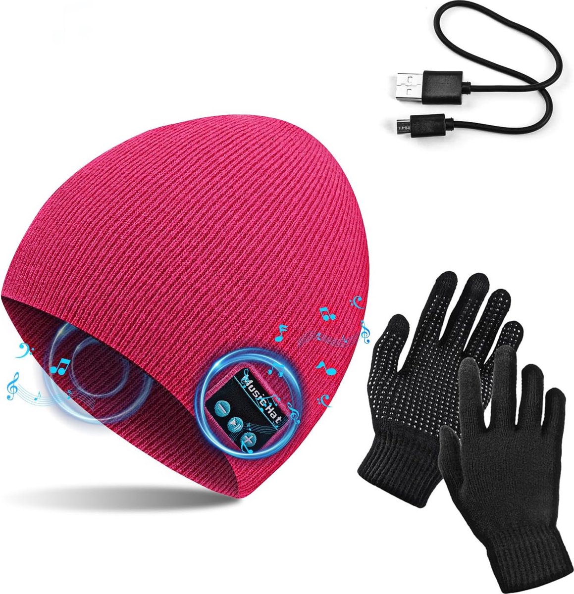 Roze one size muts met touch handschoenen, winter warm gebreide draadloze Bluetooth V5.0 hoofdtelefoon muziek USB - super warm gevoerd met fleece laag - voor hardlopen, wandelen, fietsen, wintersport, reizen
