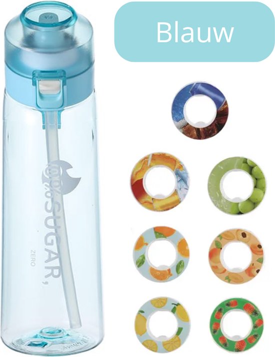 Geurwater Drinkfles ReNew- 650ml Blauw - Hydrated - Inclusief 7 Air Pods - BPA vrij – Tritan – Vegan – 0% Suiker - Water Up - Met Schoonmaakborstel – Beginnerskit – Met Rietje – Smaak