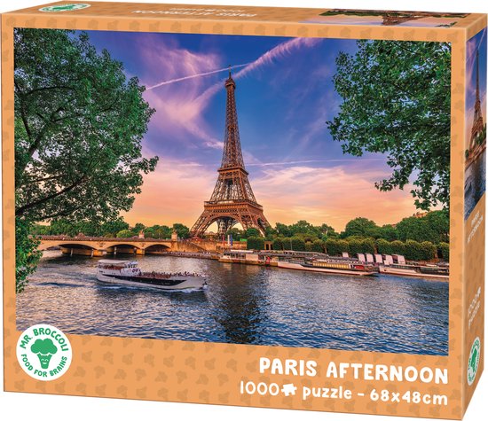 Puzzeldoos met de Eiffeltoren bij zonsondergang aan de Seine, met boot. Titel: Paris Afternoon, 1000 stukjes.