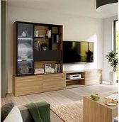 Suspended Wall TV Cabinet Ulezza: 3 -door tv -kast + Etagere - Verlichting inbegrepen - Zwart en eiken decor - L304 x D42 x H200 cm