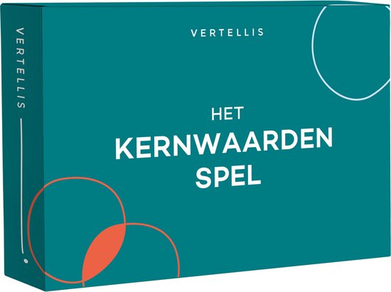 Doos van Het Kernwaarden Spel van Vertellis in turquoise met oranje en witte cirkels.