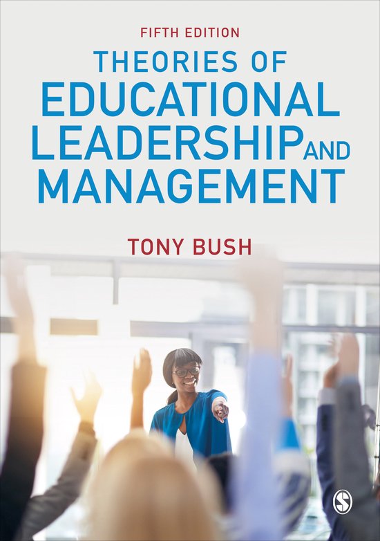 Boekomslag 'Theories of Educational Leadership and Management' met een lachende vrouw en opgestoken handen.