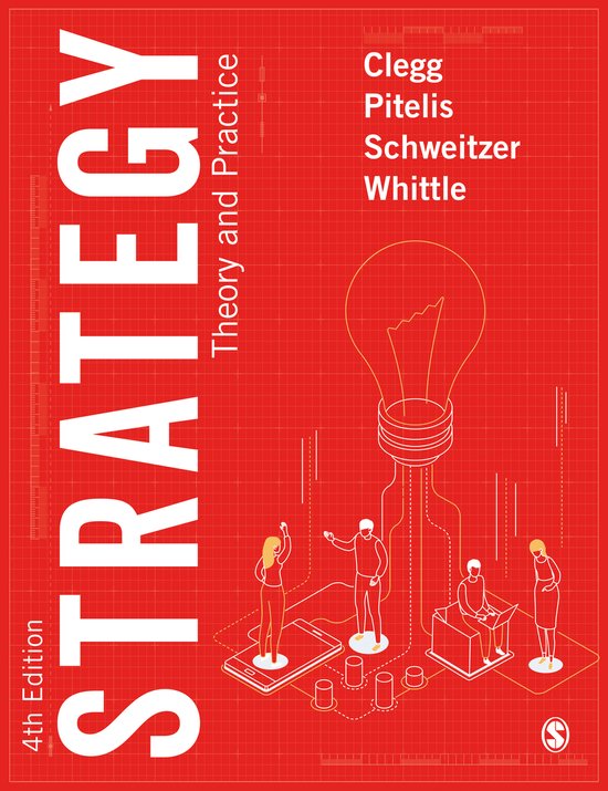 Boekomslag met de titel 'STRATEGY 4th Edition Theory and Practice'. Een gloeiende gloeilamp en gestileerde figuren staan op een rood raster.