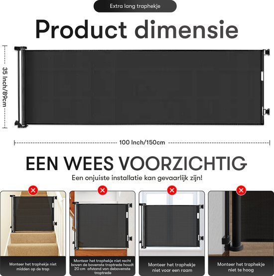 Zwart oprolbaar hekje, 150 cm breed, met tekst over afmetingen en installatie.