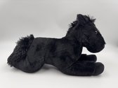 Zwart Pluche Paarden knuffel- 32cm- zacht pluche polyester- witte bles- liggend.