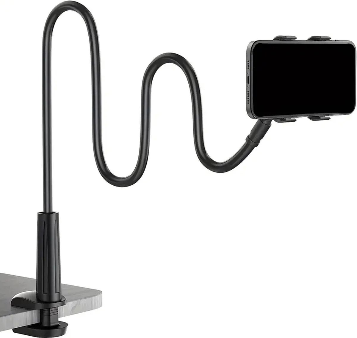 Zwarte Flexibele Lange Arm Zwanenhals Telefoonhouder - Universele Houder met Klem voor Smartphones - Bureau en Bed Stand - Clip On Telefoonstandaard