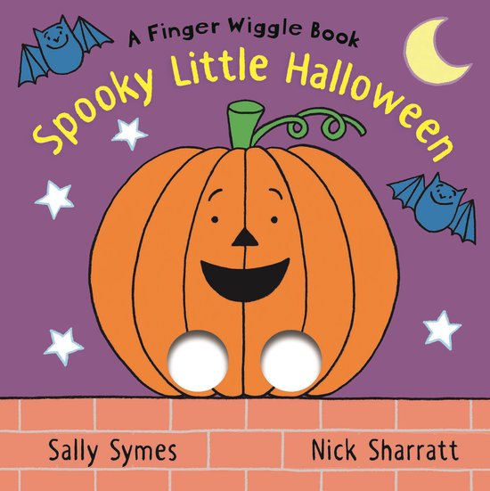 Vingerboek 'Spooky Little Halloween' met een lachende pompoen, vleermuizen en een maan.