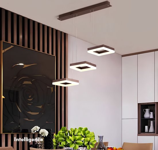 Chandelix - Lampe suspendue moderne - Luminosé Carré - Coffee - 3 anneaux carrés - Avec télécommande et application - Industriel, Salle à manger, Chambre, Salon - Carrés LED