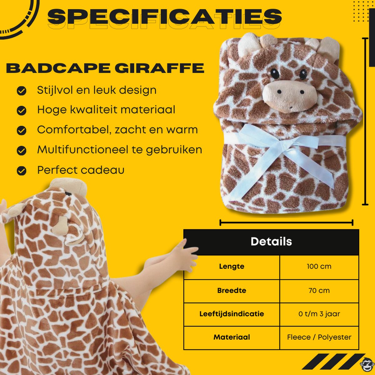 BoefieBoef Giraffe Dieren Badcape Baby 0-3 Jaar – Giraf Baby Handdoek met Capuchon – Fleece Wikkeldeken & Babydeken – Babycape, Omslagdoek & Badponcho – Kraamcadeau & Geboortecadeau – Bruin Geel – foto 7