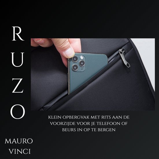 Telefoon in een klein ritsvak aan de voorzijde van de zwarte rugzak.