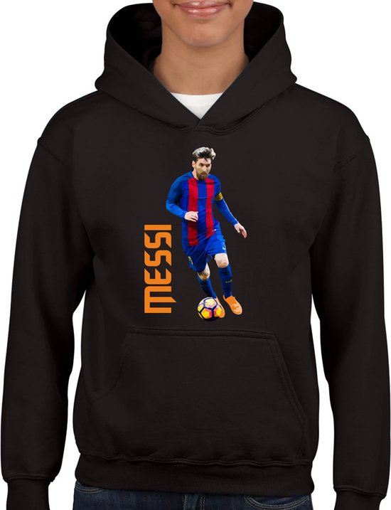 Messi - Kinder hoodie - Zwart text oranje - Maat 146 - Hoodie - leeftijd 11 tot 12 jaar - the goat - rugnummer10 - the goat - - hoodie Cadeau - Voetbal - Zwarte Hoodie