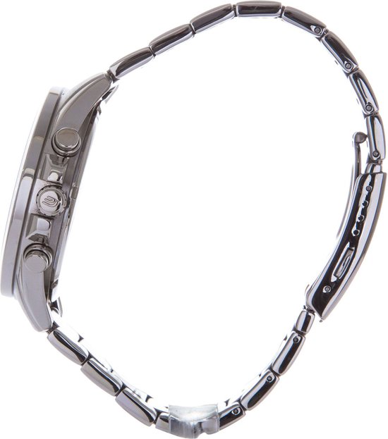 Zilverkleurig Edifice horloge, zijaanzicht met datumvenster en chronograafknoppen.