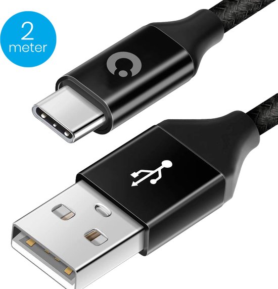 Auronic USB-C kabel - 2M - 2.4A - USB C naar USB-A - Gevlochten Nylon - Zwart - Auronic