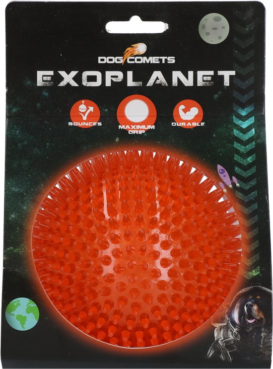 Dog Comets Exoplanet – 10,5 cm - Hondenspeeltje - Bal - Apporteer speelgoed – Egelbal - Water en Land - Gebitsverzorging - Met Piep - Oranje – L