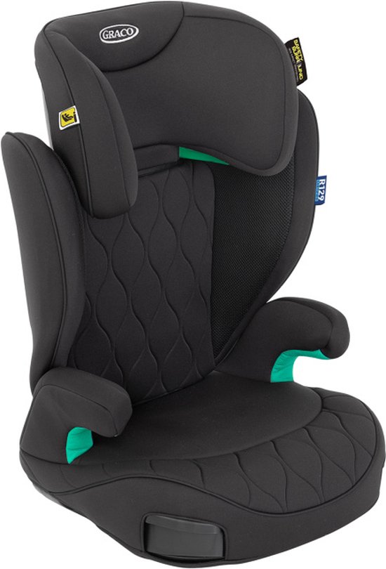 Zwarte Graco Affix i-Size R129 autostoel met diamantpatroon op zitting en rugleuning. Groene accenten bij de armleuningen.