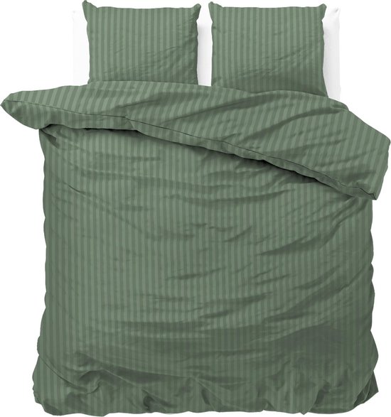 Lits-jumeaux dekbedovertrek (dekbed hoes) midden groen (olijfgroen / sage groen) gestreept met fijne smalle strepen / banen 240 x 220 cm (slaapkamer beddengoed)