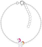 Joy|S - Zilveren eenhoorn armband - pony armband - 14 cm + 3 cm - unicorn / 7 x 10 mm - multicolor met blauw hartje