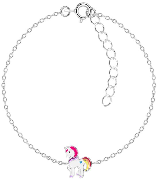 Joy|S - Zilveren eenhoorn armband - pony armband - 14 cm + 3 cm - unicorn / 7 x 10 mm - multicolor met blauw hartje