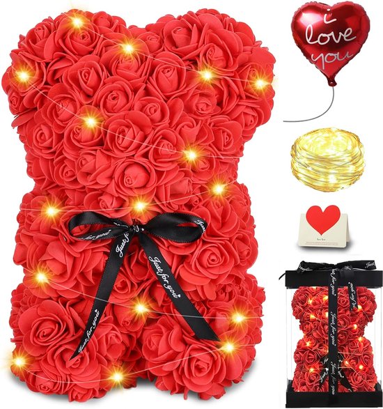 Ours mignon en forme de fleur, ours rose, cadeau de Saint-Valentin pour elle, ours mignon pour fille, femme, petite amie, avec boîte cadeau transparente de 25 cm et carte.