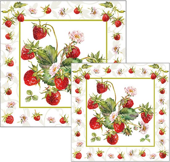 Ambiente servetten - aardbeien - 2 pakjes 33x33cm en 25x25cm - wit rood groen - voorjaar