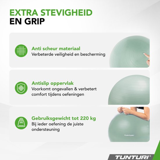 Uitleg over de stevigheid en grip van de Tunturi fitnessbal.