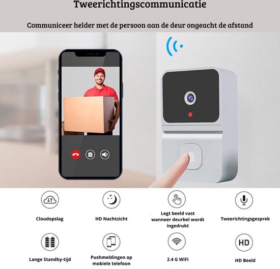 Slimme Video deurbel met Camera - Met WiFi en App - Ring Geluid - Draadloos - Met Nachtzicht - 480P - Tweerichtingsgesprek - Cloud Opslag - Wit — afbeelding 4