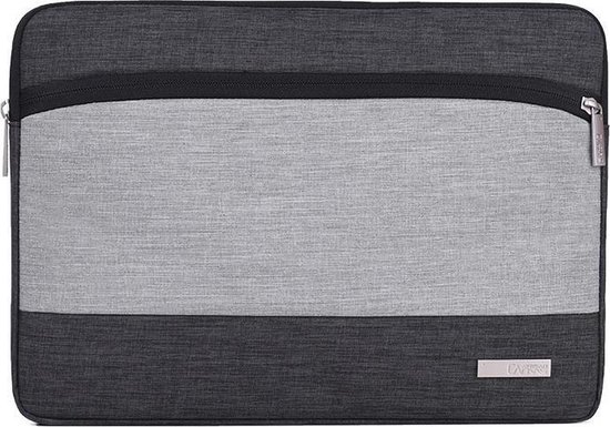 Sacoche pour ordinateur portable gris-noir avec trois bandes horizontales.