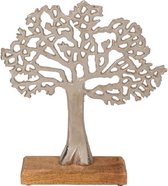Decoratie levensboom van aluminium op houten voet 27,5 cm zilver - Tree of life
