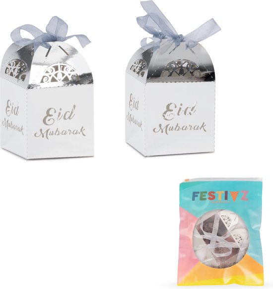 Eid Mubarak geschenkzakjes, 100 stuks ramadan geschenkzakjes met stropdassen, plastic doe-het-zelf dozen voor Ramadan Eid gastgeschenken, feestzakjes, islamitische papieren zakjes voor kinderen, moslim ramadan decoratie