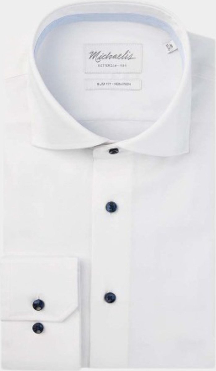 Michaelis Uni wit twill overhemd met donkerblauwe knopen-boordmaat: 39 Pasvorm:Getailleerd Michaelis Overhemden