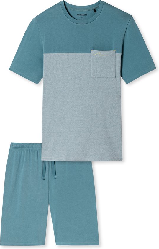 Foto: Schiesser 95 5 nightwear shortamaset heren shortama organic cotton strepen borstzak blauw grijs maat xxl