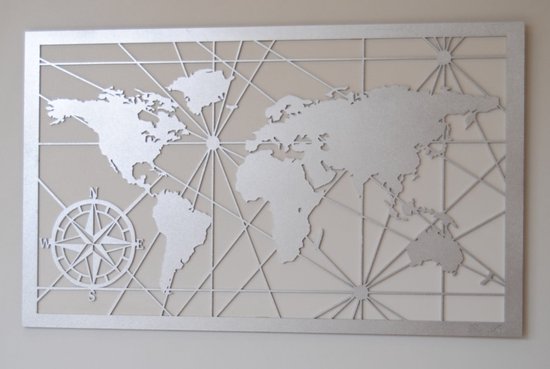 Wereldkaart met Kompas wanddecoratie - unieke wanddecoratie - wereldkaart - landen - cadeau - 60 x 30 cm