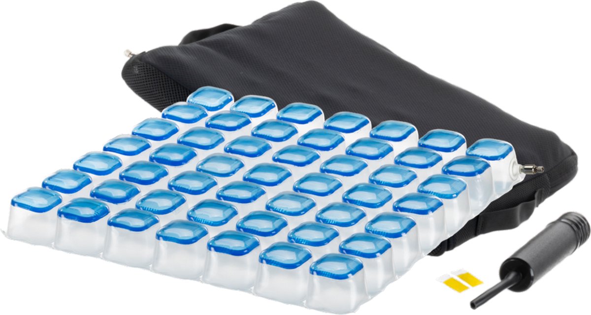 Anti-decubitus deluxe lucht kussen met Gel pads 47 x 47 cm - 5 cm hoog - Met ademende hoes en handpomp - Zitkussen