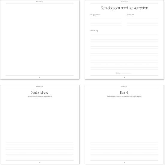 Vier pagina's van een opgroeiboek met de titels 'Een dag om nooit te vergeten', 'Sinterklaas' en 'kerst'.