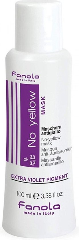 Kleine witte fles Fanola No Yellow Mask met paarse verticale band en de tekst 'EXTRA VIOLET PIGMENT'. Bevat 100 ml.